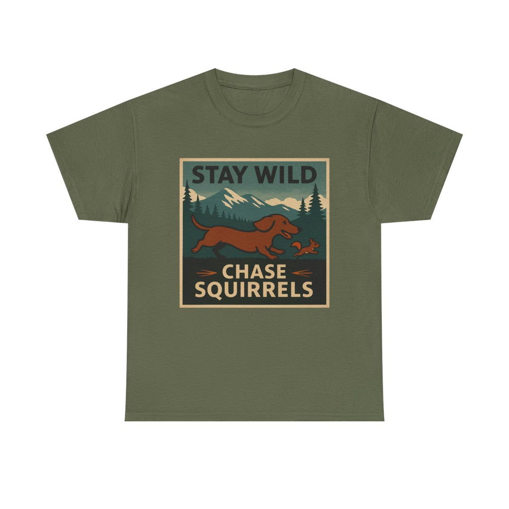 Stay Wild Dachshund Chase t-shirt, Military Green