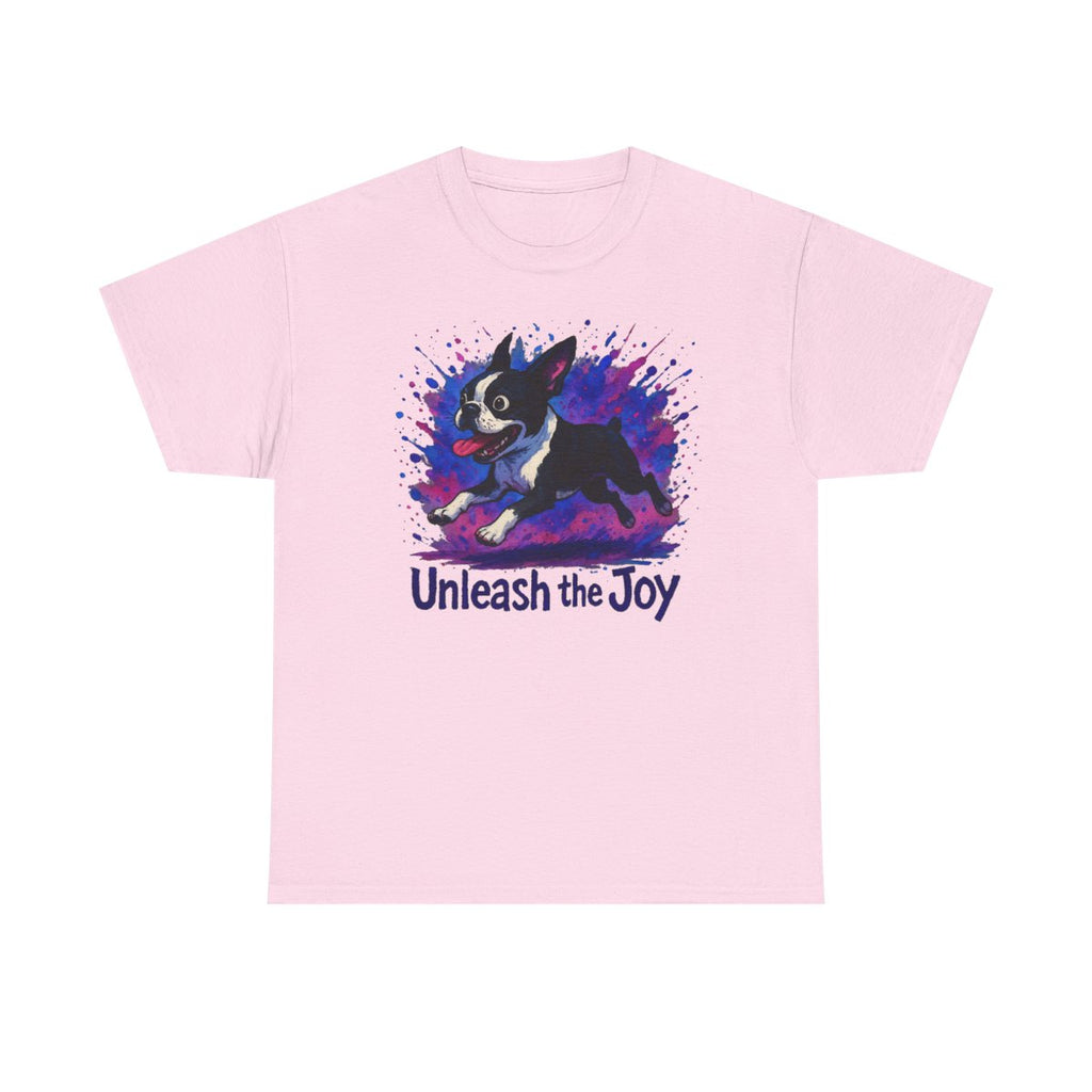 Unleash the Joy Boston Terrier Splash t-shirt, Light Pink