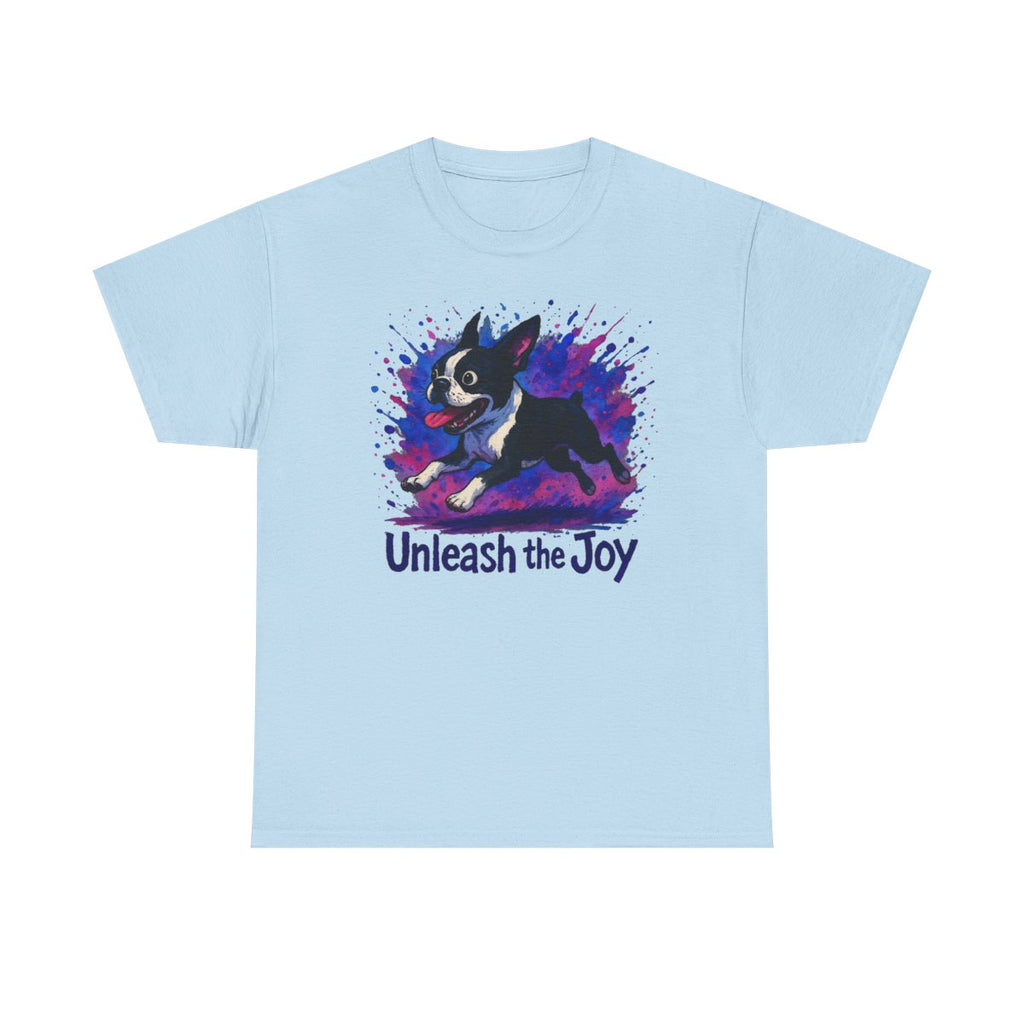 Unleash the Joy Boston Terrier Splash t-shirt, Light Blue