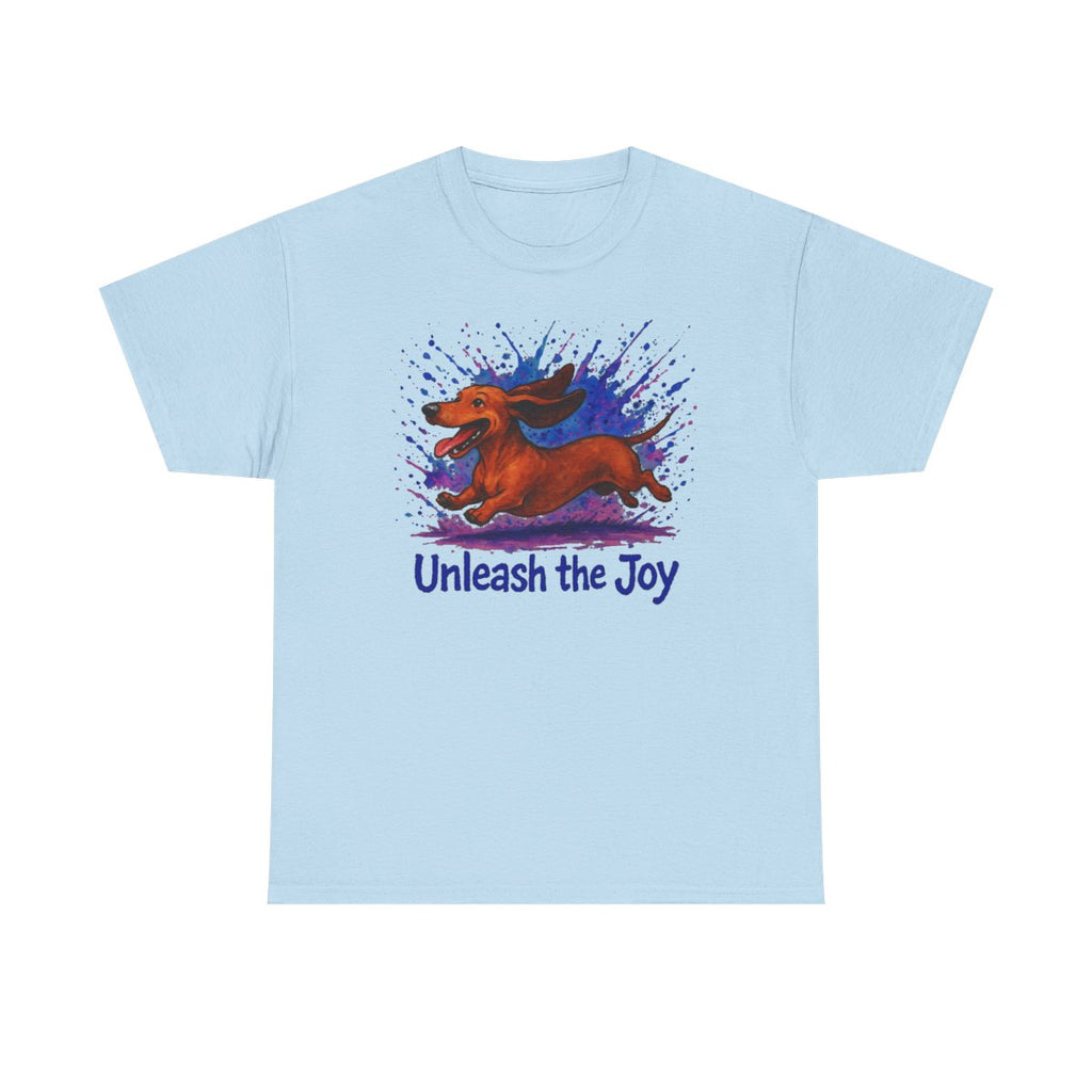 Unleash the Joy Dachshund Art t-shirt, Light Blue