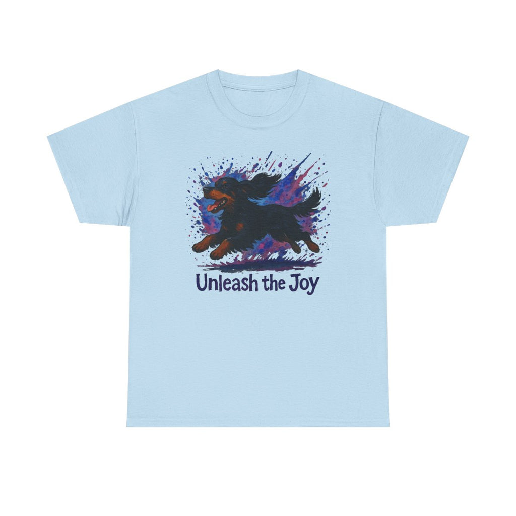 Vibrant Unleash the Joy Gordon Setter t-shirt, Light Blue