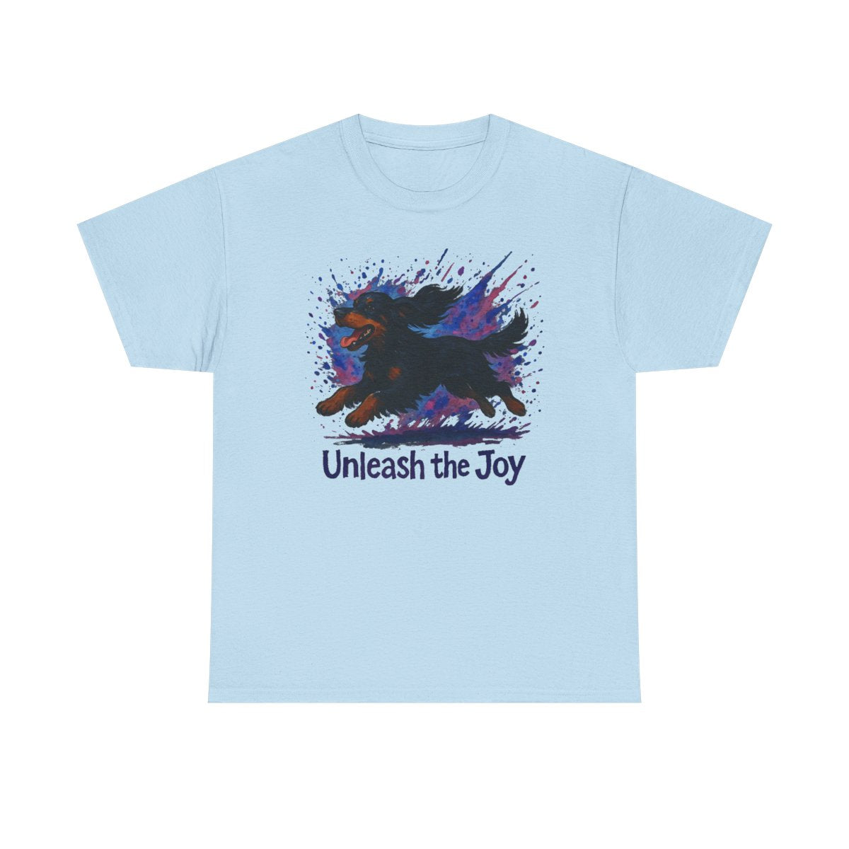 Vibrant Unleash the Joy Gordon Setter t-shirt, Light Blue